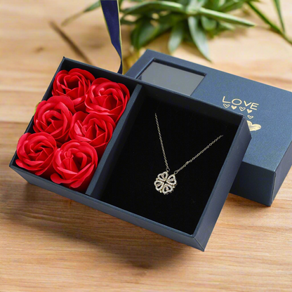 Clover Heart Necklace with 6 Roses Gift Box Set for Her