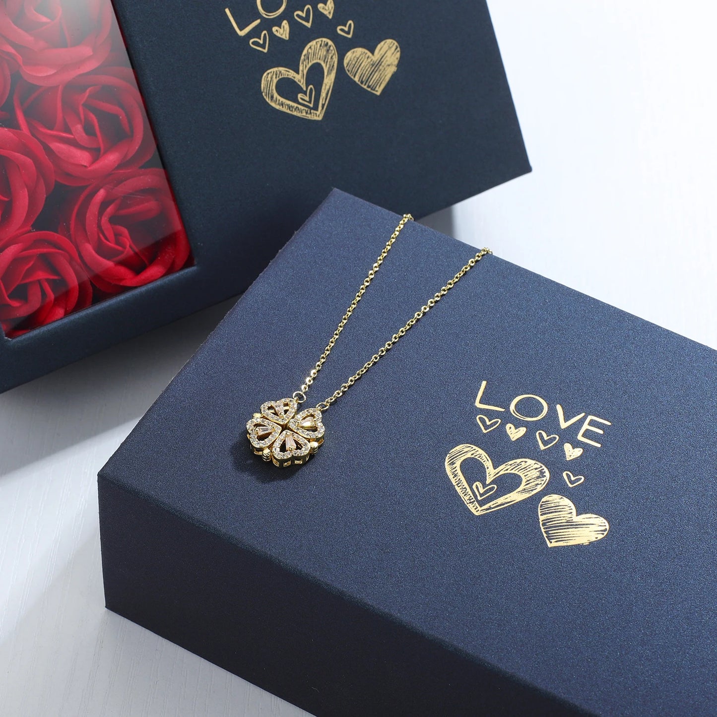 Clover 4-Heart Necklace with Rose Gift Box Set for Her