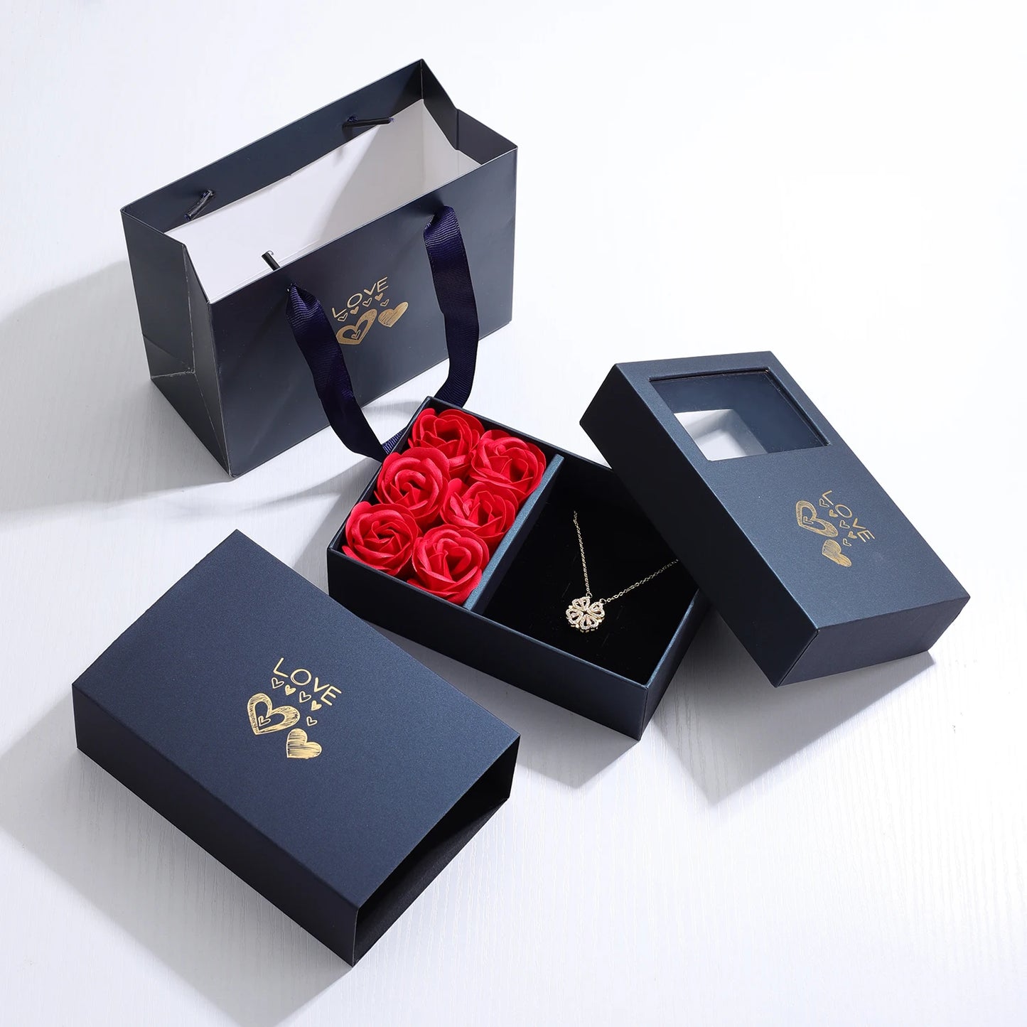 Clover 4-Heart Necklace with Rose Gift Box Set for Her