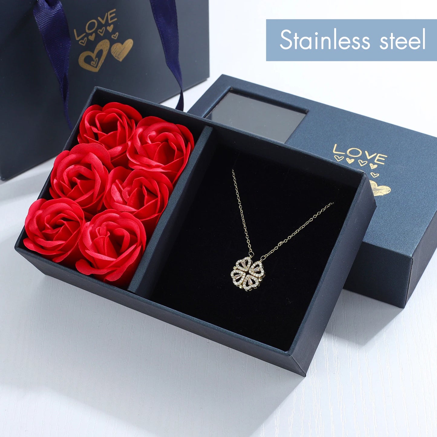 Clover 4-Heart Necklace with Rose Gift Box Set for Her