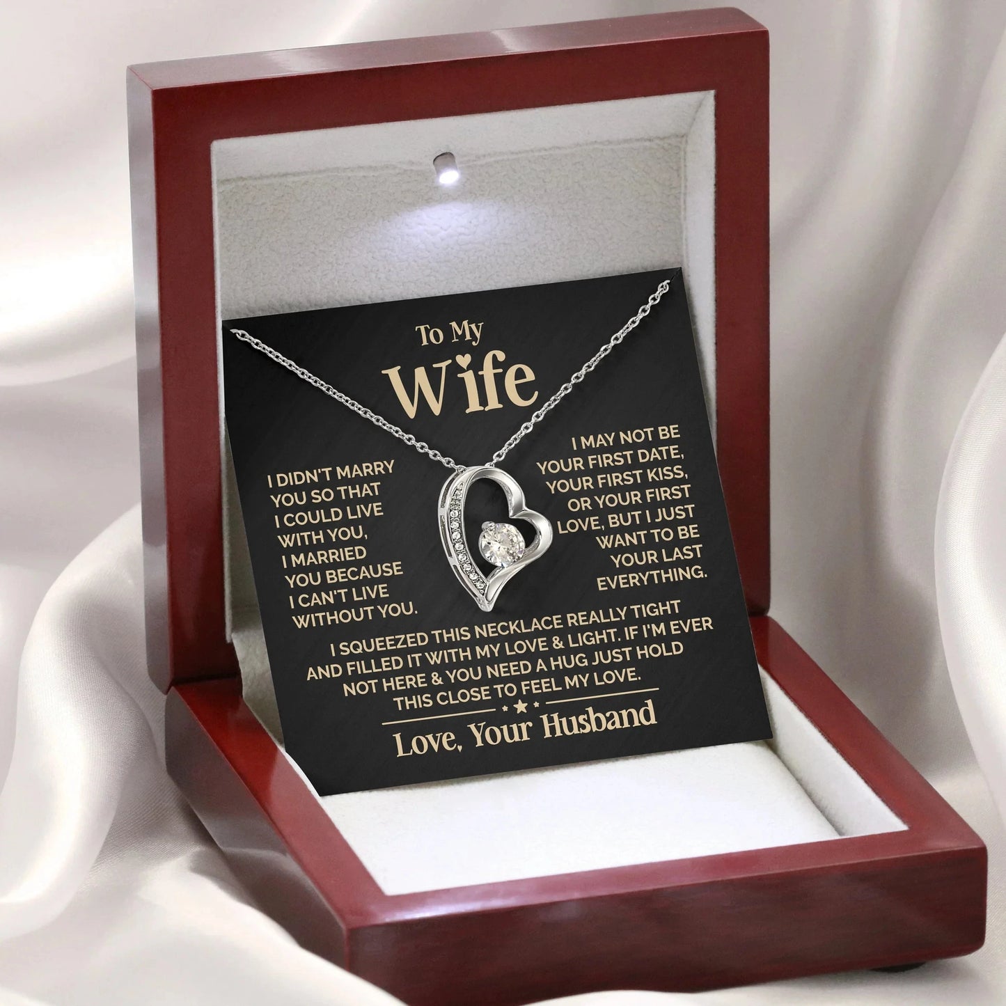 Gift for Wife: Heart Necklace with Message Card & Wooden LED Gift Box