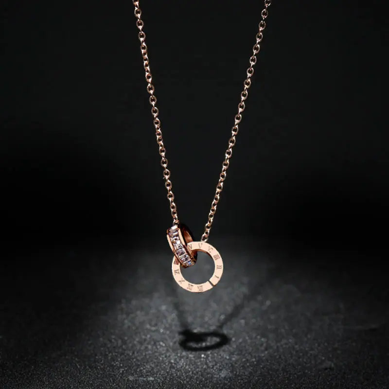 Rose Gold Roman Numeral Intertwined Circles Necklace - Luxury Titanium