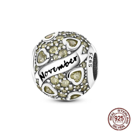 Round Birthstone Charm Bead in Sterling Silver: Fits Pandora Bracelet