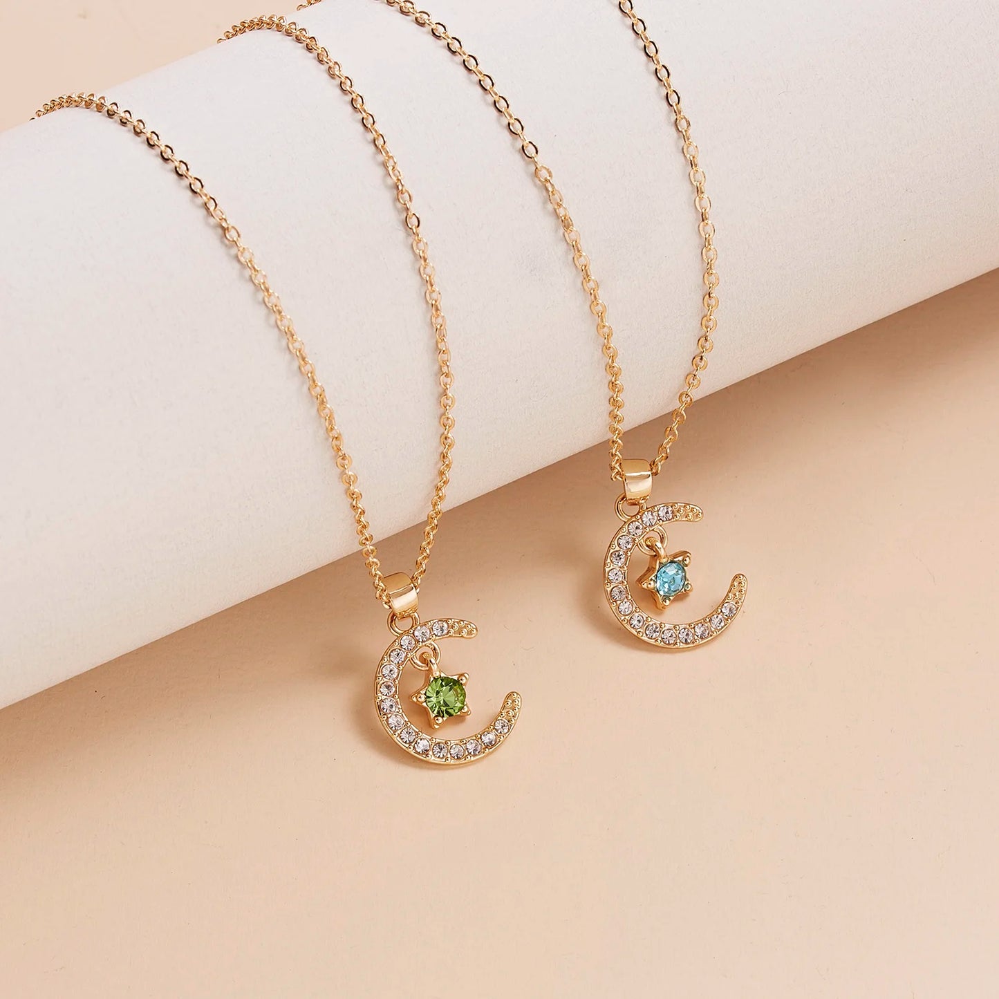 Moon & Star Birthstone Pendant Necklace