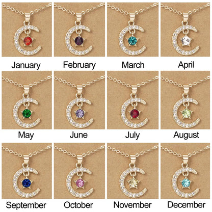 Moon & Star Birthstone Pendant Necklace