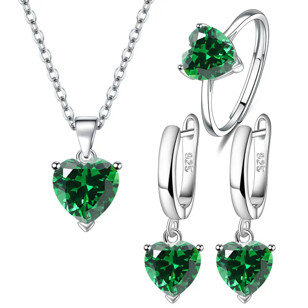 Emerald Green Heart Jewelry Set - Ring, Earrings, Necklace in 925 Sterling Silver