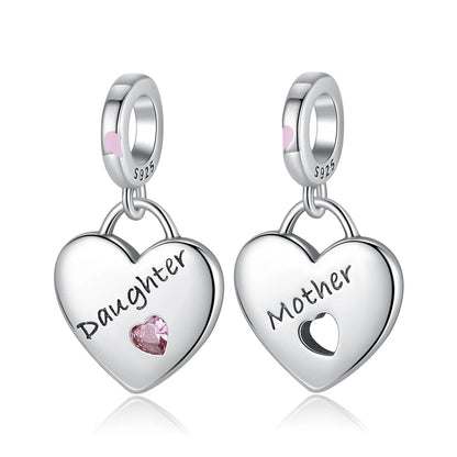 Daughter Mother Pink Silver Heart Charm: Splittable Dangle Charm