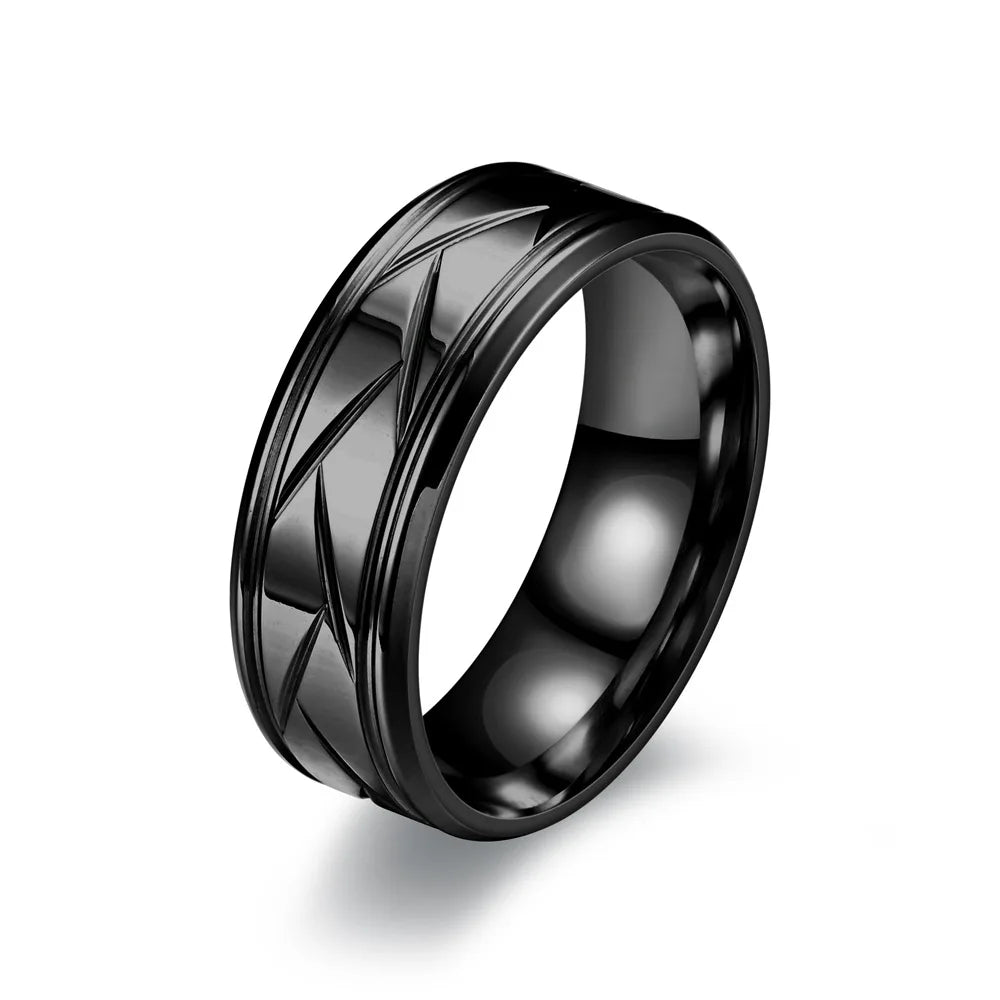 Multi-Faceted Groove Rings for Men in Silver & Black