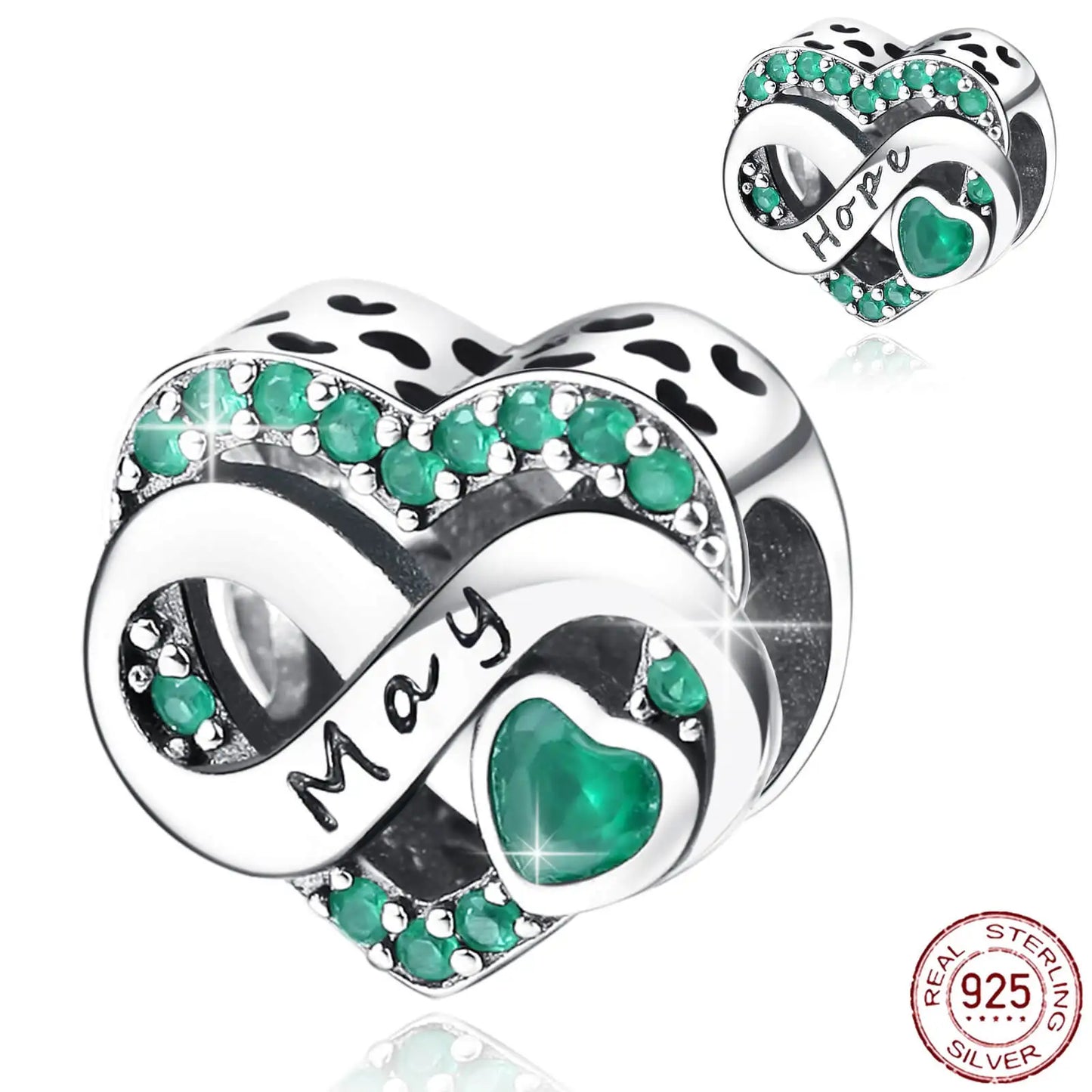 925 Sterling Silver May Birthstone Heart Bead Fits Pandora Bracelet DIY
