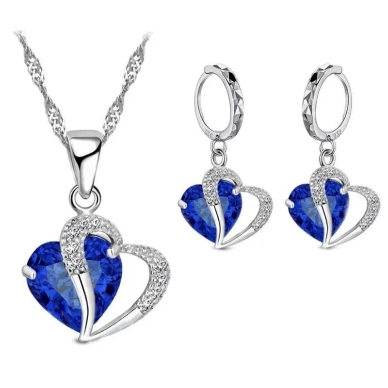 925 Sterling Silver Blue Heart Jewelry Set – Necklace & Earrings