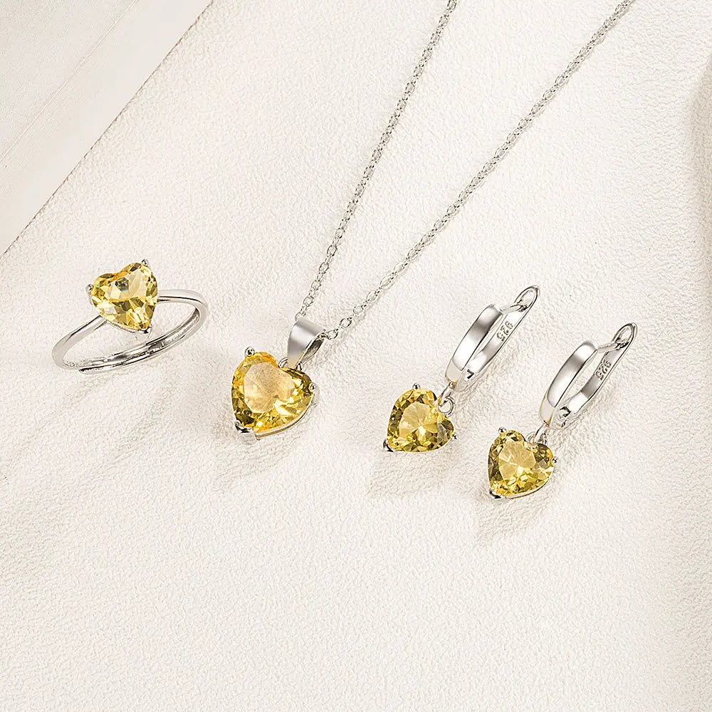 Yellow Heart Jewelry Set - Ring, Earrings, Necklace in 925 Sterling Silver