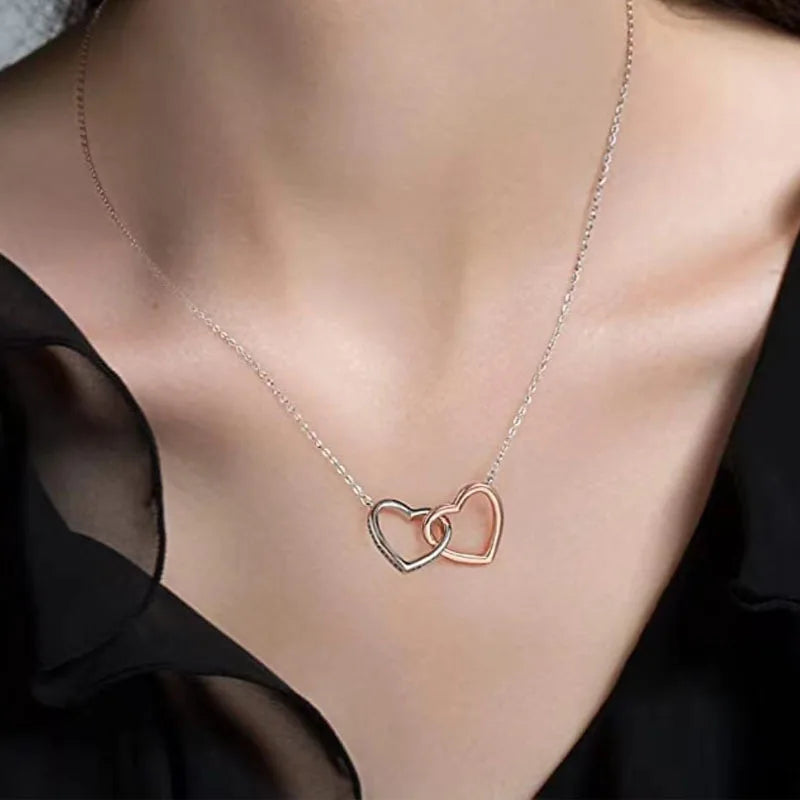 Dainty Double Interlocking Heart Pendant Necklace Gift Set for Her