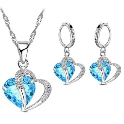 925 Sterling Silver Blue Heart Jewelry Set – Necklace & Earrings