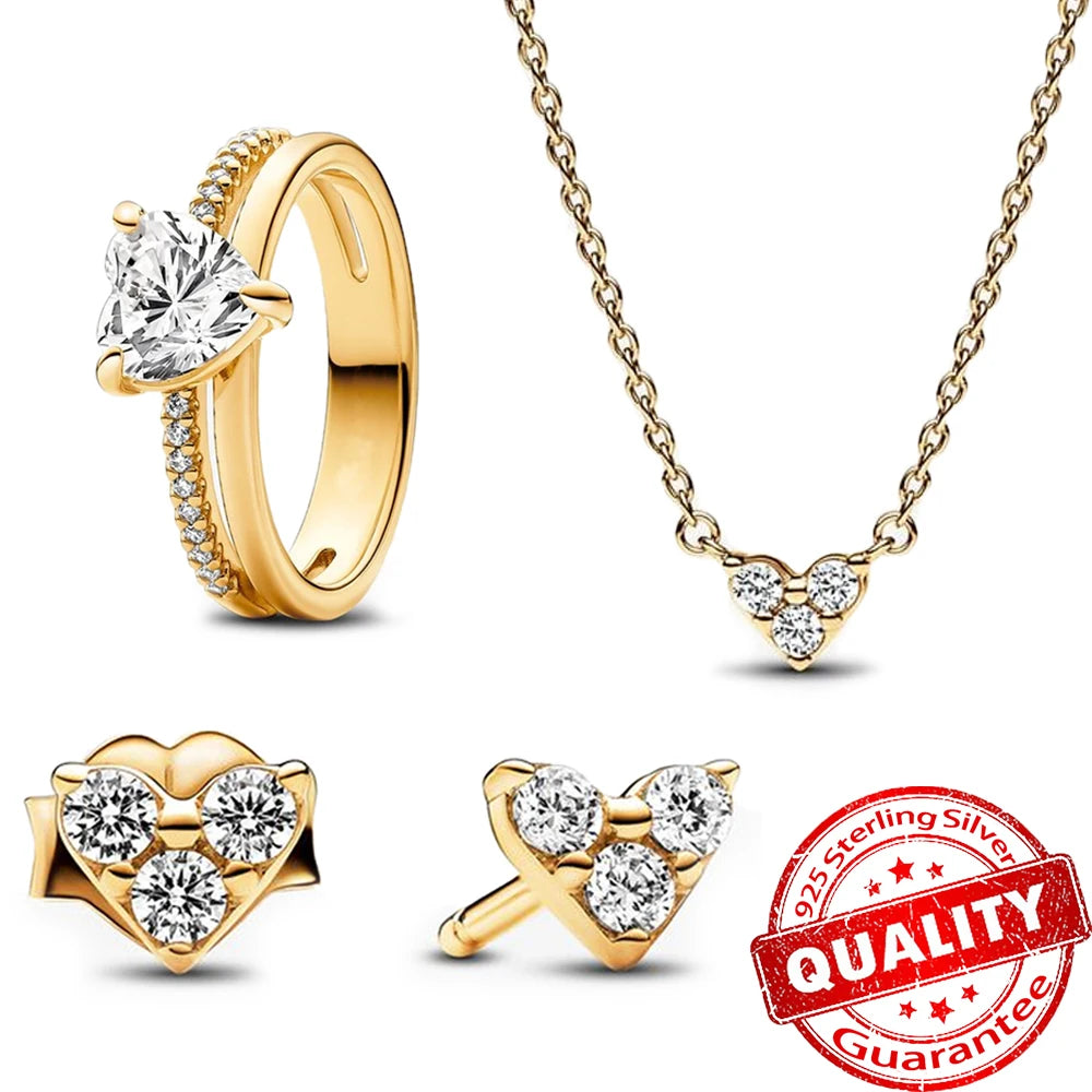 Gold-Plated Double Band Heart Ring Jewelry Set with Necklace, Earrings