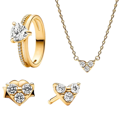 Gold-Plated Double Band Heart Ring Jewelry Set with Necklace, Earrings