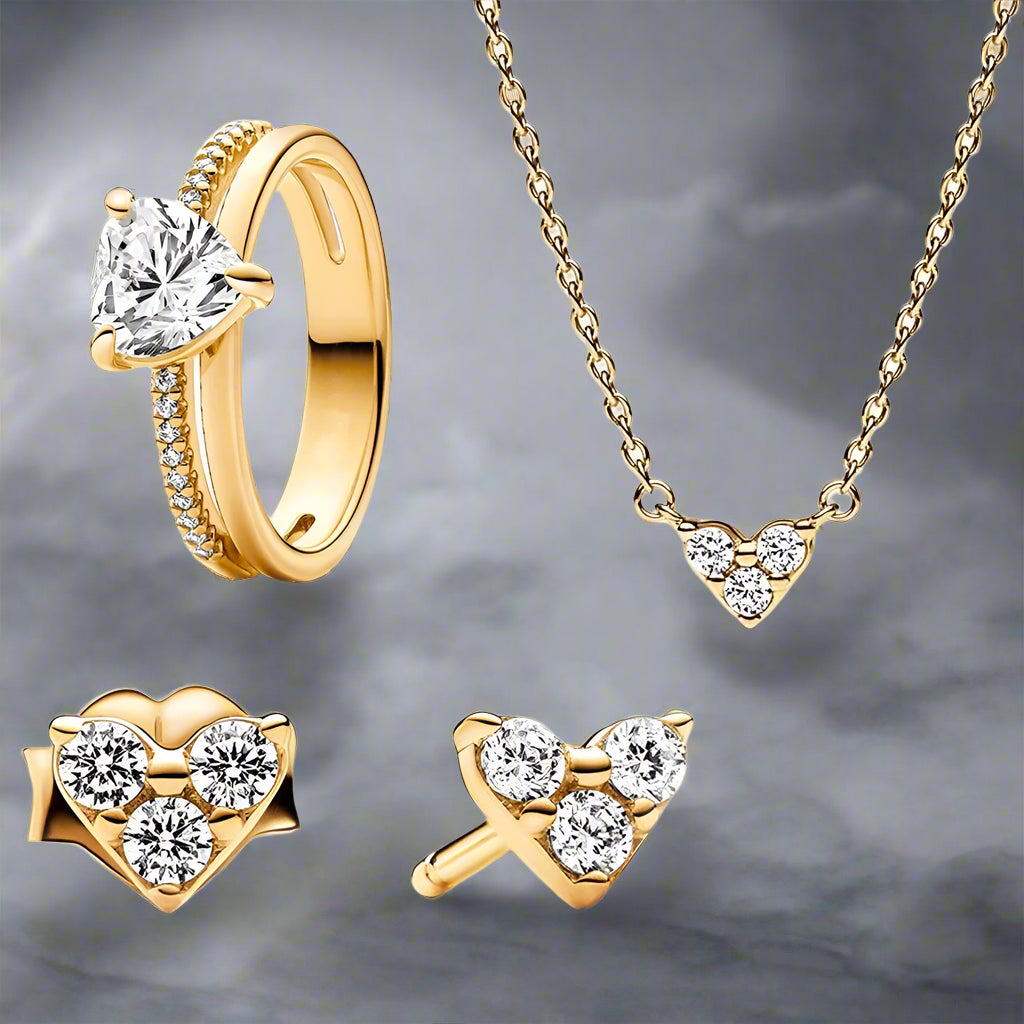 Gold-Plated Double Band Heart Ring Jewelry Set with Necklace, Earrings