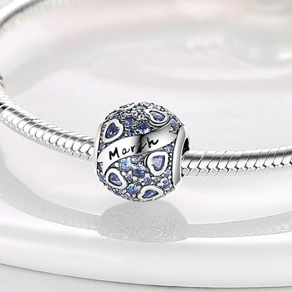 Round Birthstone Charm Bead in Sterling Silver: Fits Pandora Bracelet