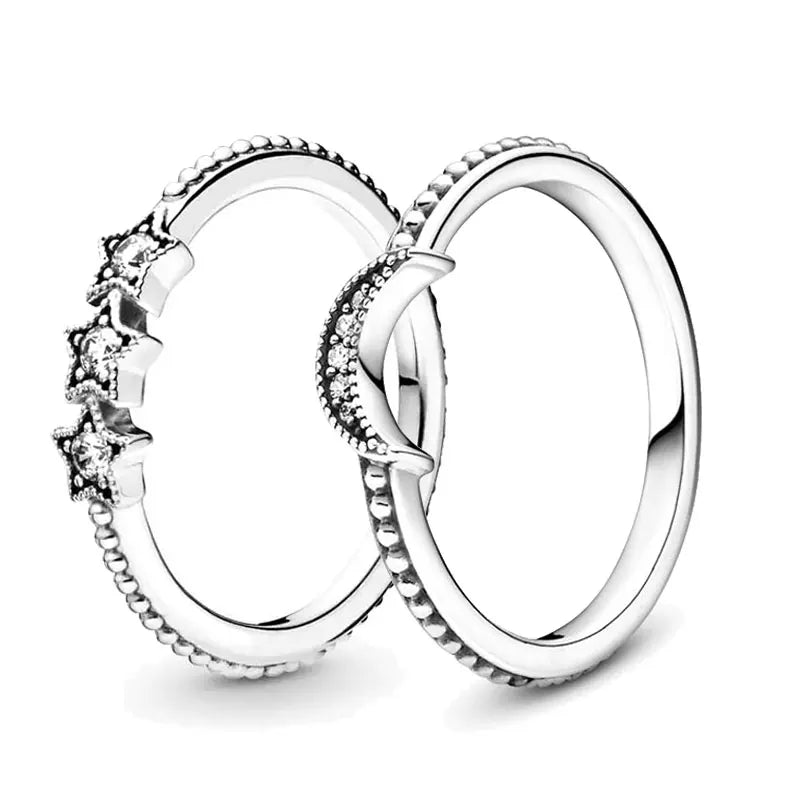 Celestial 3 stars & Moon Ring Set in 925 Sterling Silver