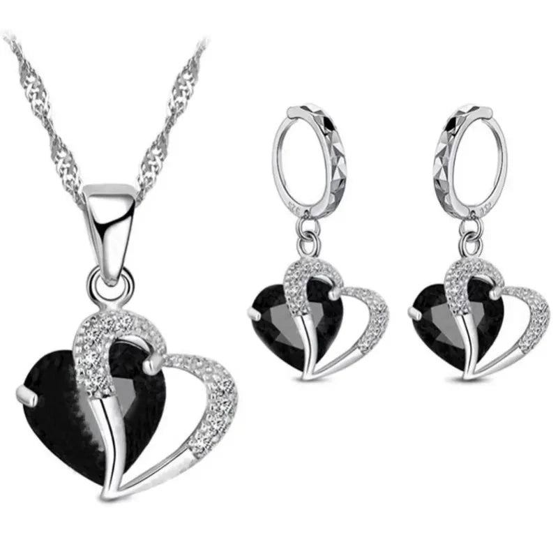 925 Sterling Silver Black Heart Jewelry Set – Necklace & Earrings