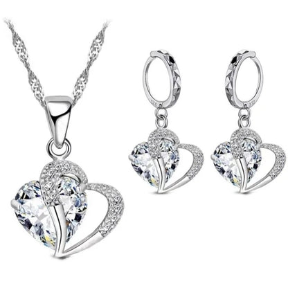 925 Sterling Silver Clear Heart Jewelry Set – Necklace & Earrings