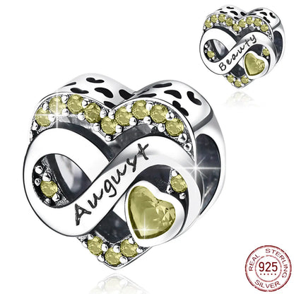 925 Sterling Silver August Birthstone Heart Bead Fits Pandora Bracelet DIY