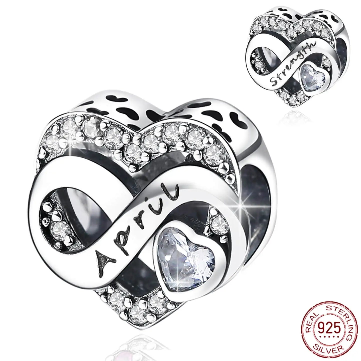 925 Sterling Silver April Birthstone Heart Bead Fits Pandora Bracelet DIY