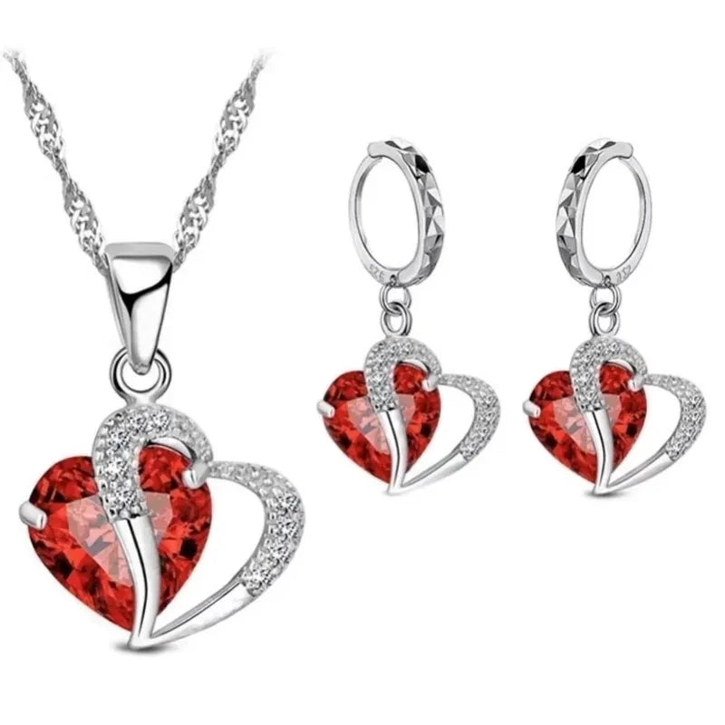 925 Sterling Silver Red Heart Jewelry Set – Necklace & Earrings