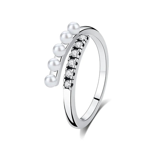 925 Sterling Silver Ring with Five Pearls & Crystals for Women