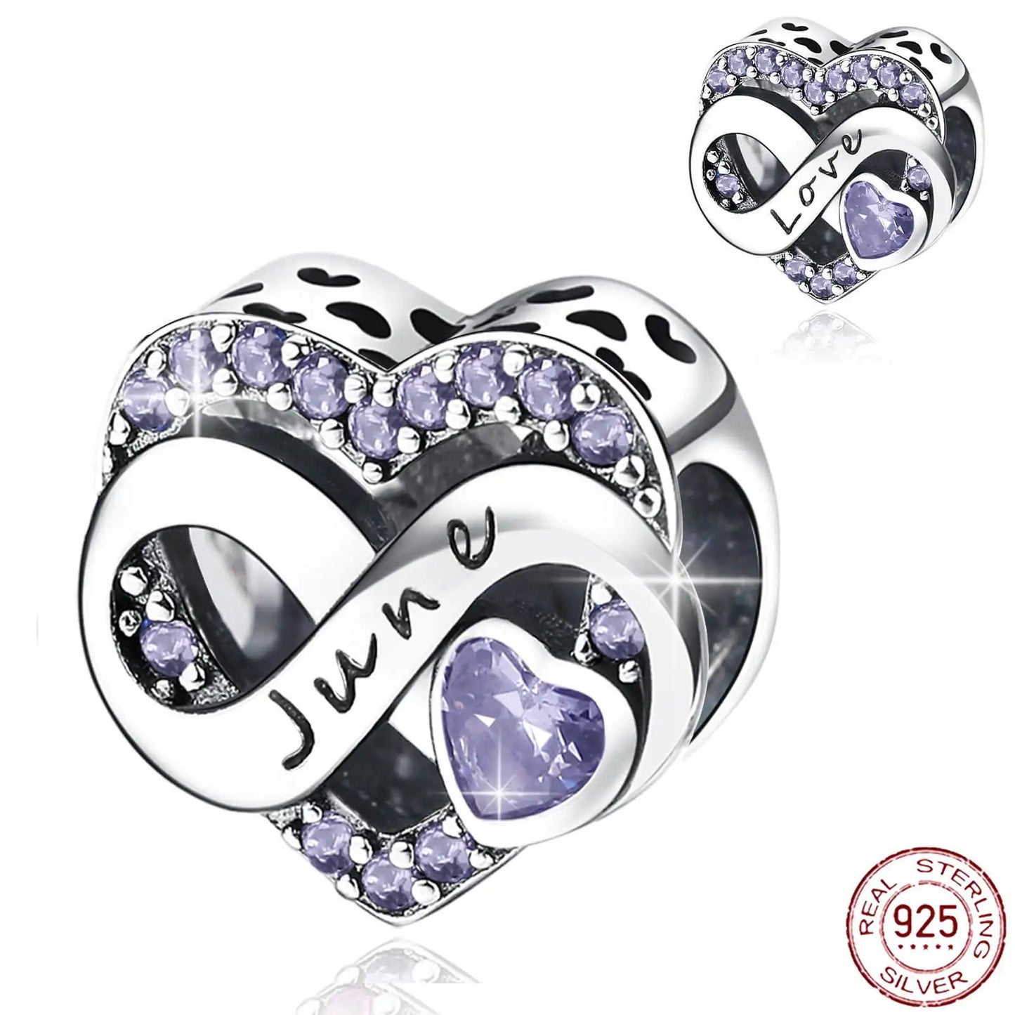 925 Sterling Silver June Birthstone Heart Bead Fits Pandora Bracelet DIY