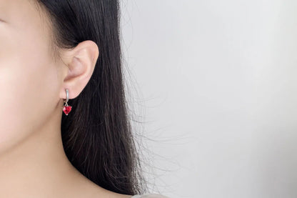 Dangling Silver Elevated Red Heart Earrings