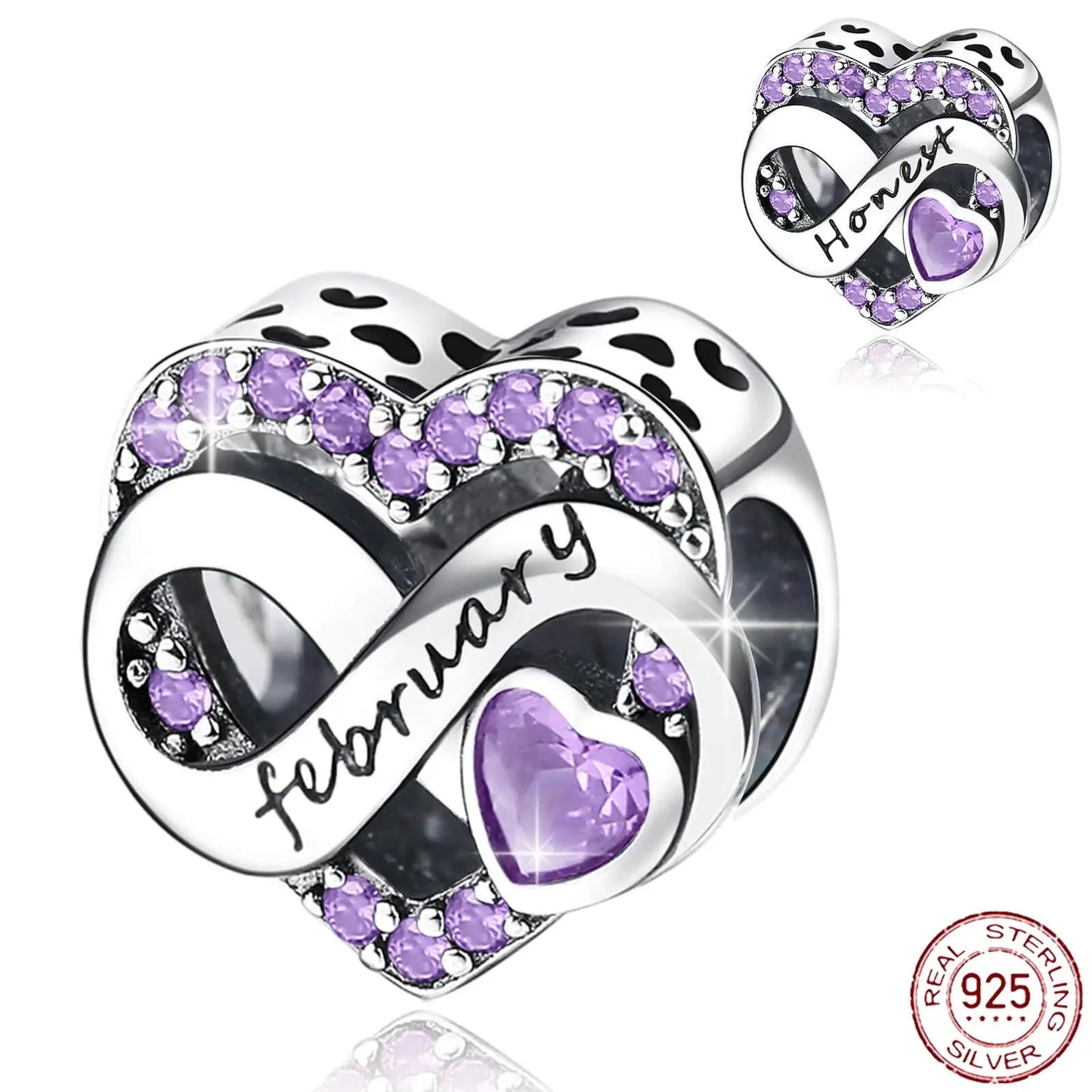 925 Sterling Silver February Birthstone Heart Bead Fits Pandora Bracelet DIY