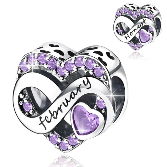 925 Sterling Silver February Birthstone Heart Bead Fits Pandora Bracelet DIY