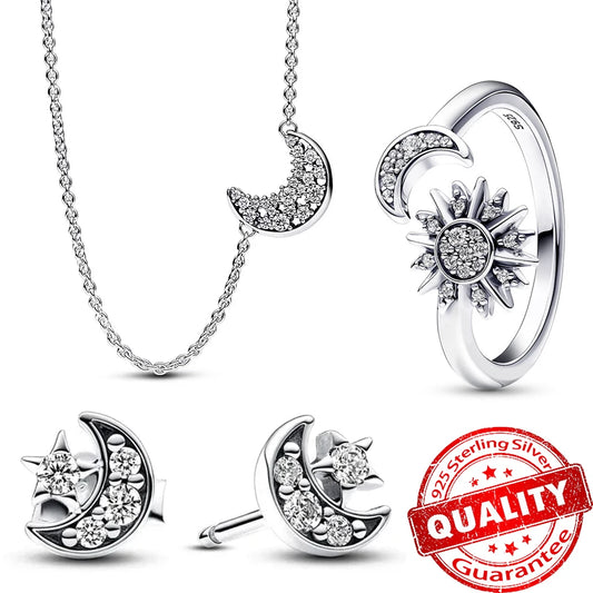 Sterling Silver Sun & Moon Jewelry Set: Necklace, Ring, & Earrings