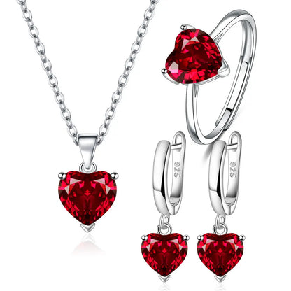 Red Heart Jewelry Set - Ring, Earrings, Necklace in 925 Sterling Silver