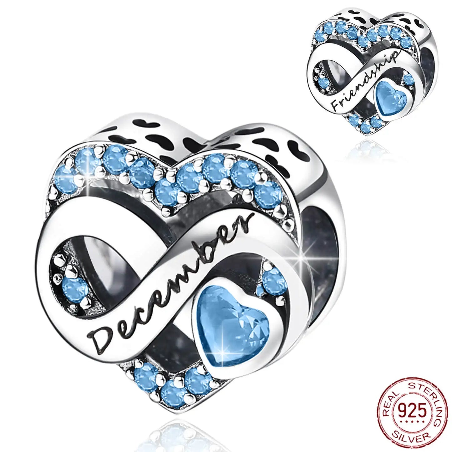 925 Sterling Silver December Birthstone Heart Bead Fits Pandora Bracelet DIY