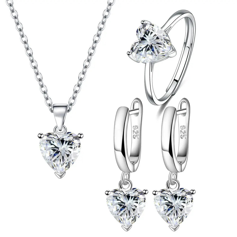 White Heart Jewelry Set - Ring, Earrings, Necklace in 925 Sterling Silver