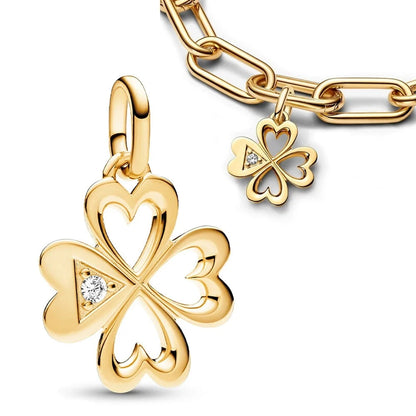 14k Gold Plated Heart four Leaf Clover Charms for Pandora Bracelets