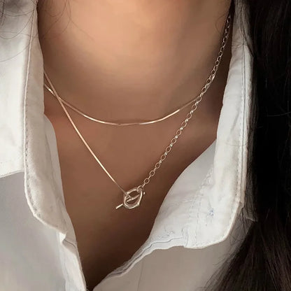 925 Sterling Silver Layered Choker Necklace with Geometric Pendant