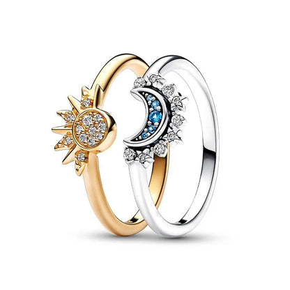 Celestial Sun & Moon Ring Set in Two Tone 925 Sterling Silver