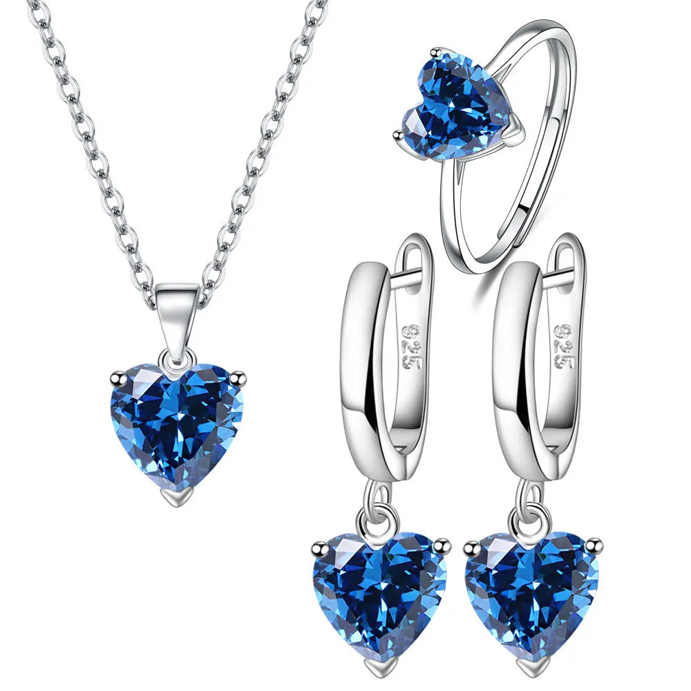 Blue Heart Jewelry Set - Ring, Earrings, Necklace in 925 Sterling Silver