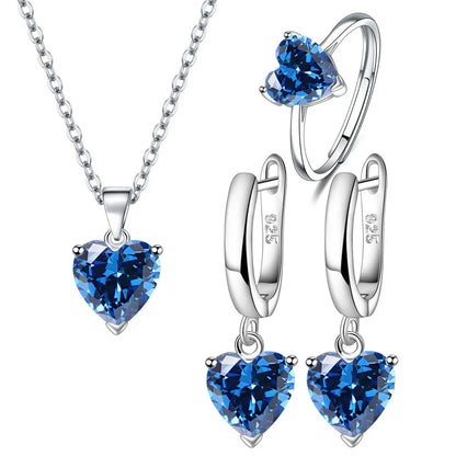 Blue Heart Jewelry Set - Ring, Earrings, Necklace in 925 Sterling Silver