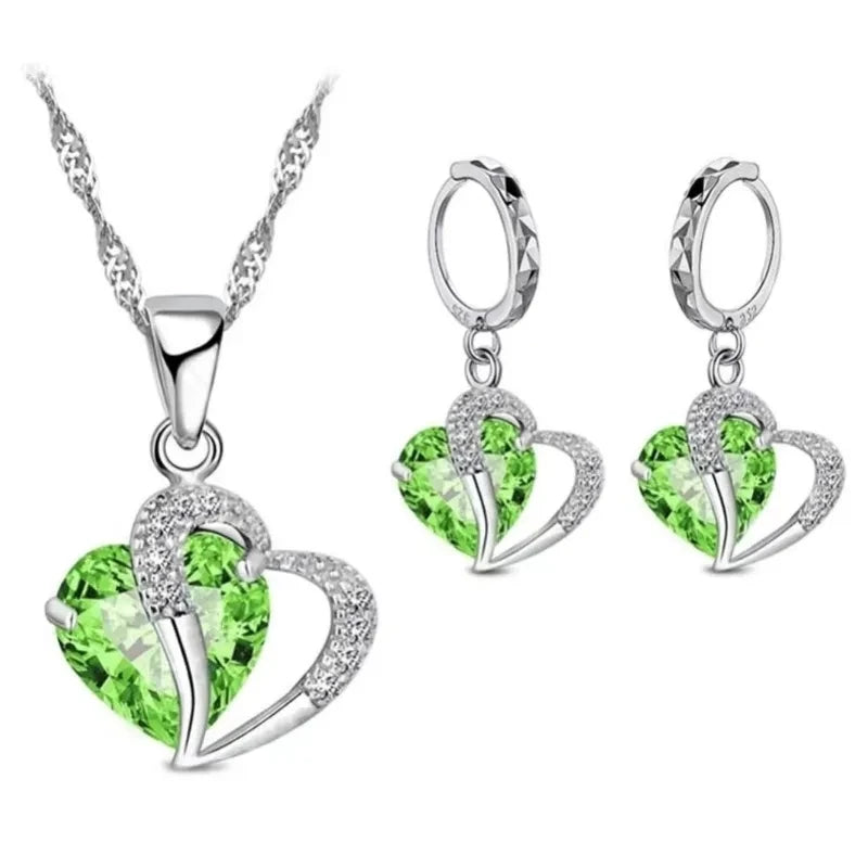 925 Sterling Silver Green Heart Jewelry Set – Necklace & Earrings