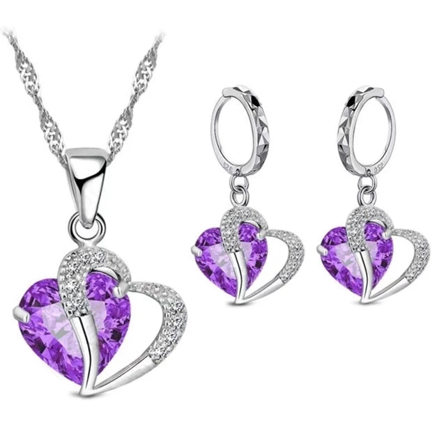 925 Sterling Silver Purple Heart Jewelry Set – Necklace & Earrings