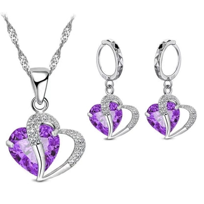 925 Sterling Silver Purple Heart Jewelry Set – Necklace & Earrings