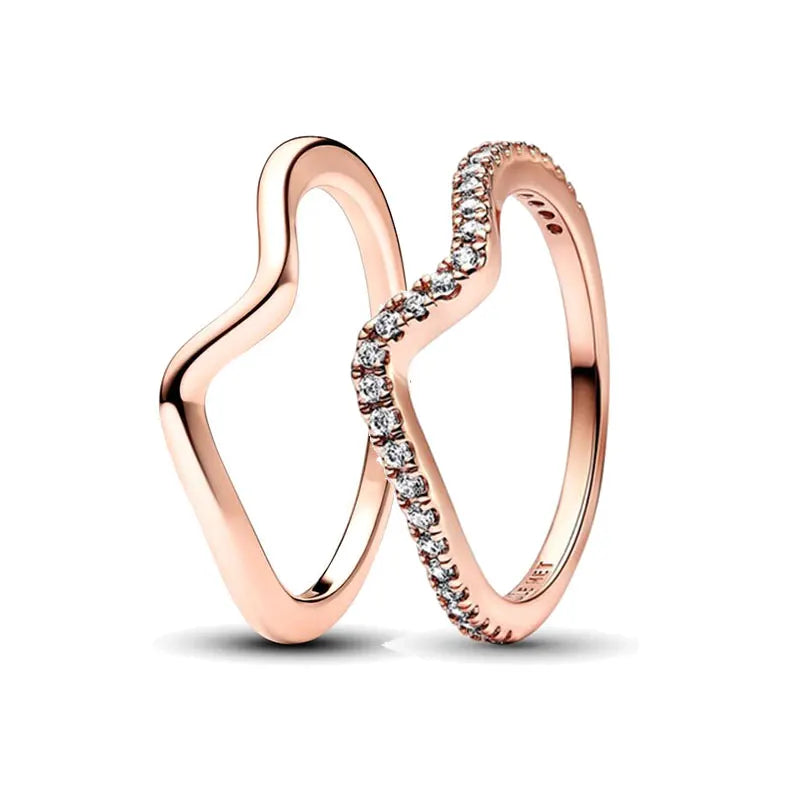 14k Rose Gold Plated Sterling Silver Wave Ring Set: Better Together