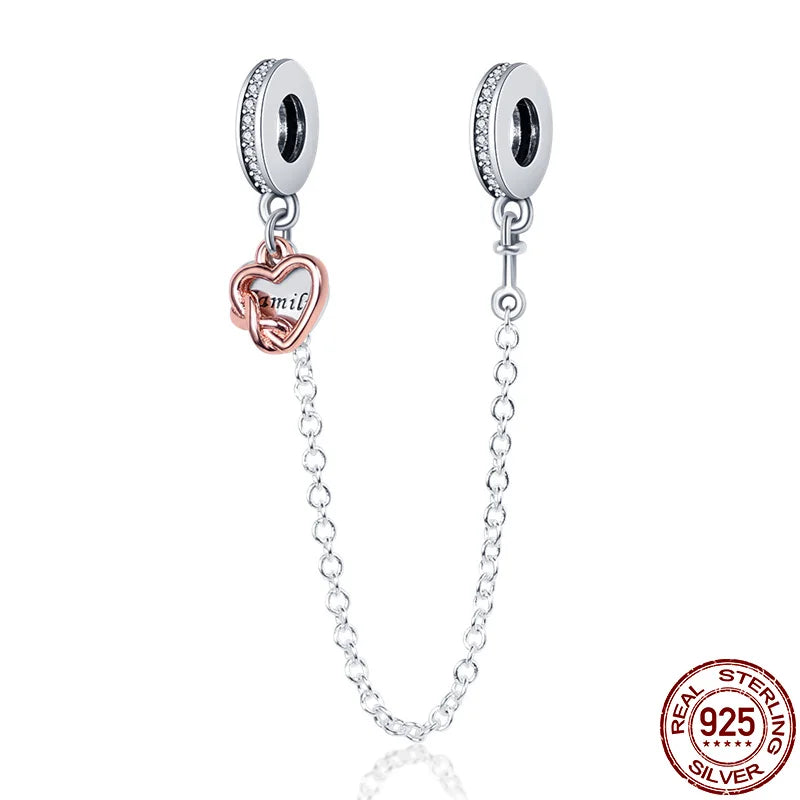 Family Heart Safety Chain Charms for Pandora Bracelet