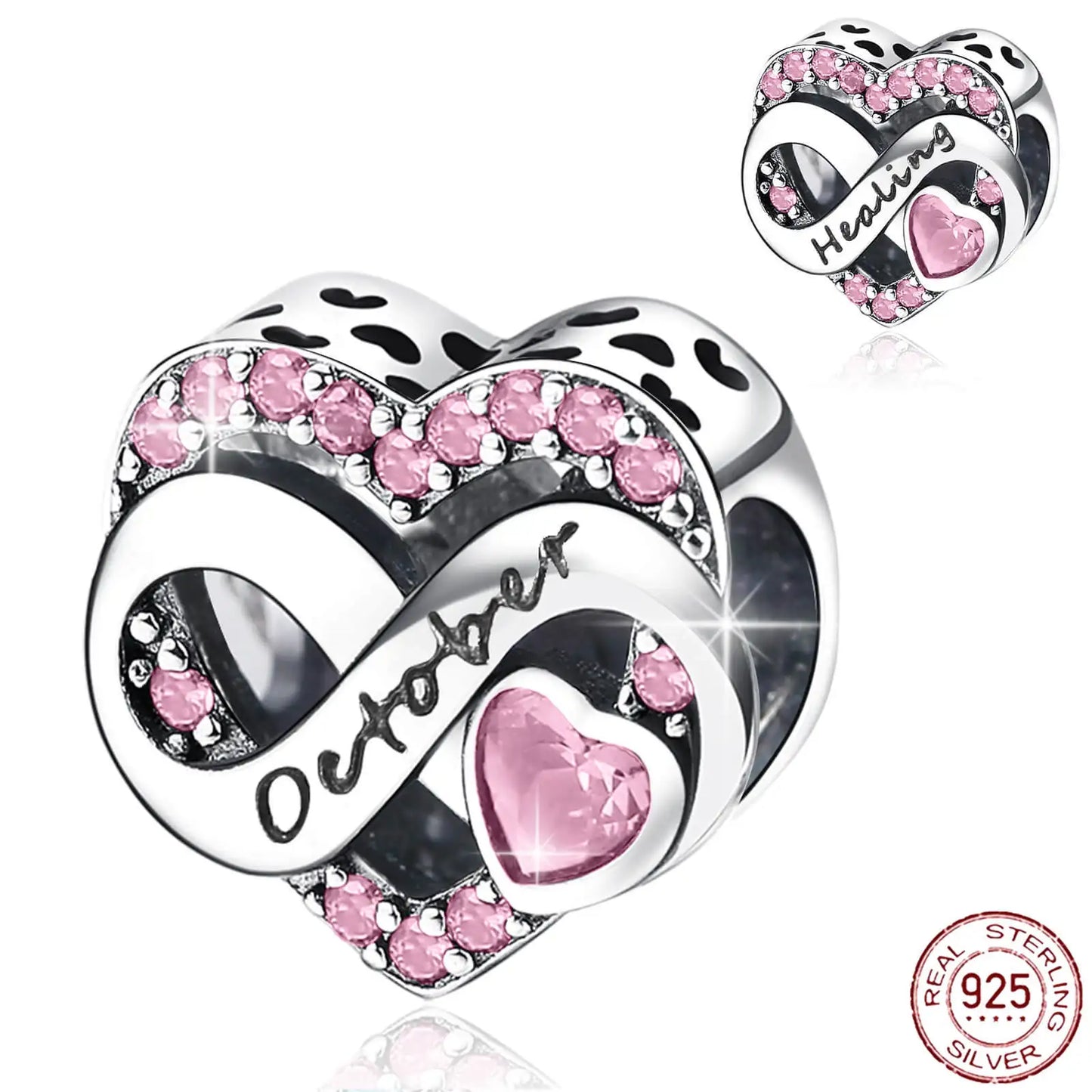 925 Sterling Silver October Birthstone Heart Bead Fits Pandora Bracelet DIY
