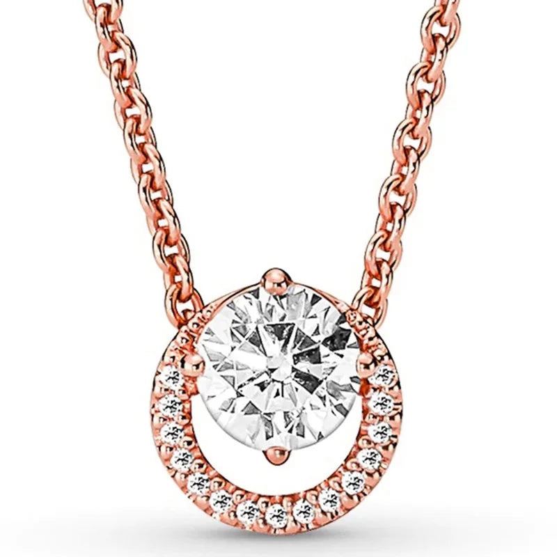 Pandora Rose Gold Sparkling Round Halo Pendant Collier Necklace in Sterling Silver