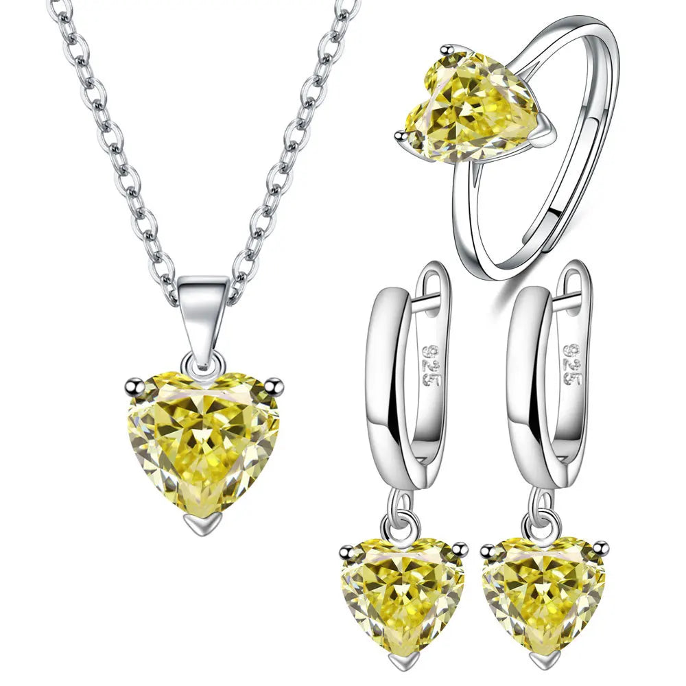 Yellow Heart Jewelry Set - Ring, Earrings, Necklace in 925 Sterling Silver