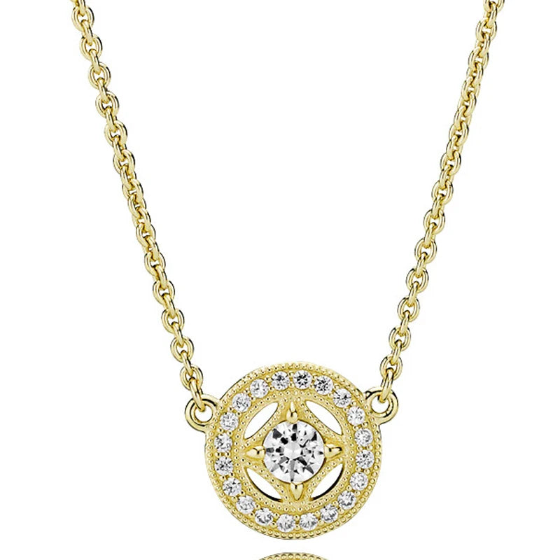 Pandora Gold Plated Sparkling Double Round Halo Pendant Collier Necklace at Heart Crafted Gifts